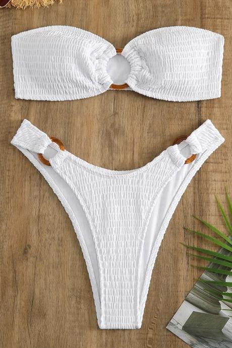 White Textured Bandeau Bikini Set With Ring Detail