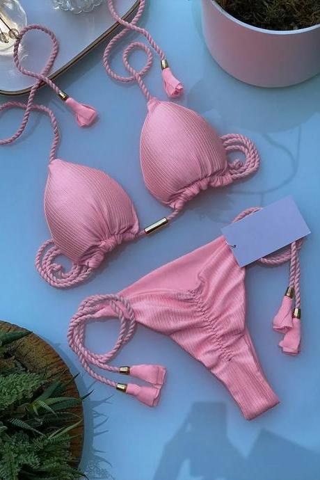 Womens Pink Braided Bikini Set With Tassels Swimwear
