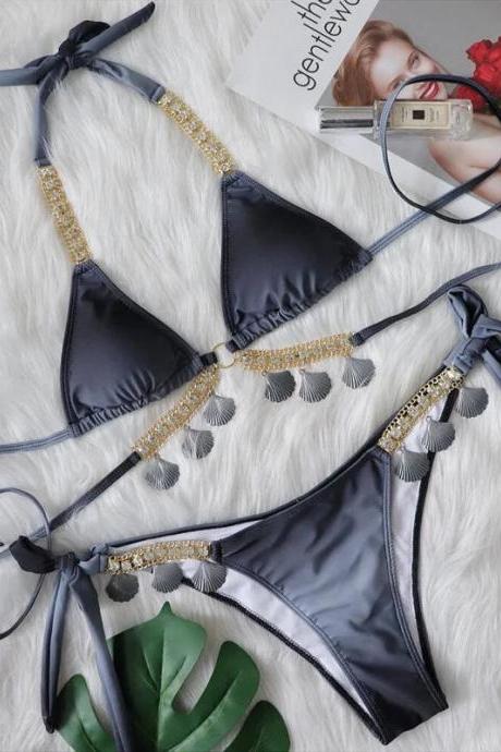 Womens Elegant Satin Bikini Set With Rhinestone Accents