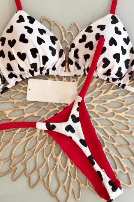 Womens Heart Print Bikini Set With Ring Details