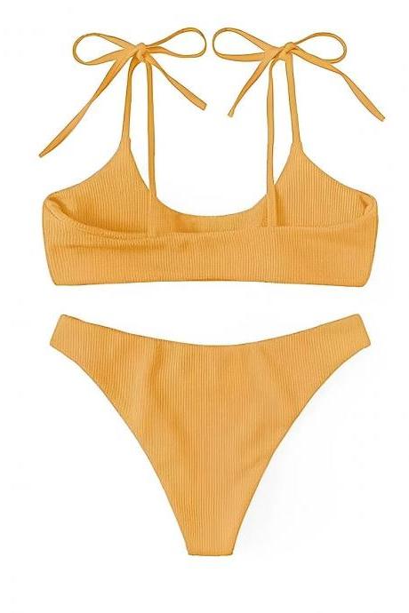 Womens Ribbed Tie-front Bikini Set In Mustard Yellow
