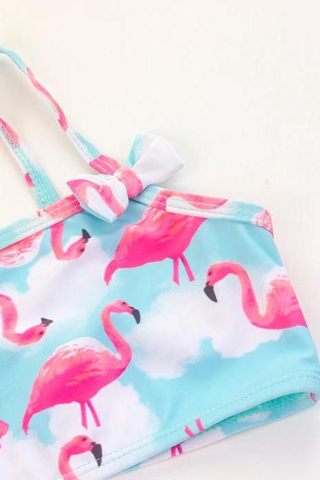 Girls Pink Flamingo Print Bow Detail Swimsuit Top