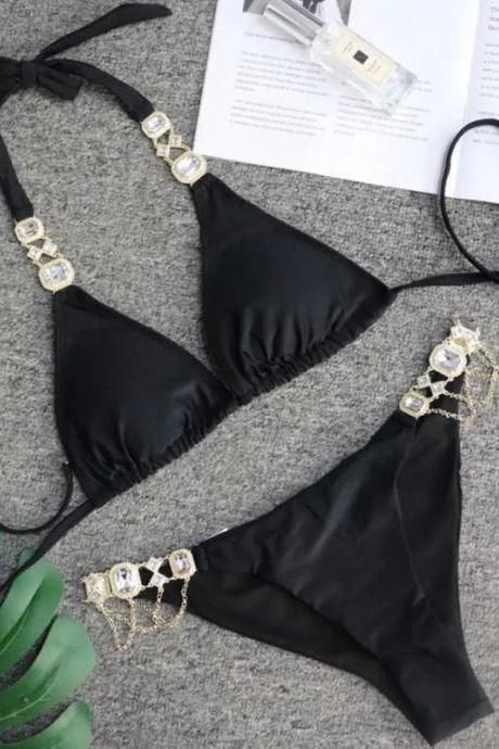 Elegant Black Bikini With Rhinestone Link Accents