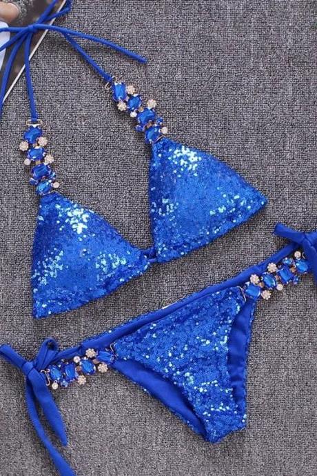 Womens Sequin Embellished Blue Bikini Swimwear Set