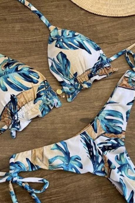 Womens Tropical Leaf Print String Bikini Swimwear Set