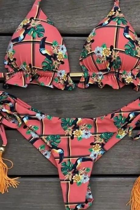 Tropical Print Tassel Detail Womens Two-piece Bikini Set