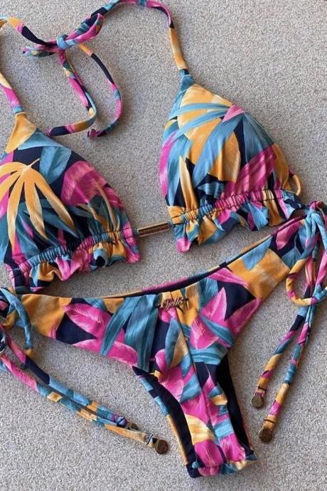 Tropical Print Tie-up Halter Neck Bikini Set