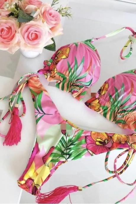Womens Tropical Print Tassel Bikini Swimwear Set