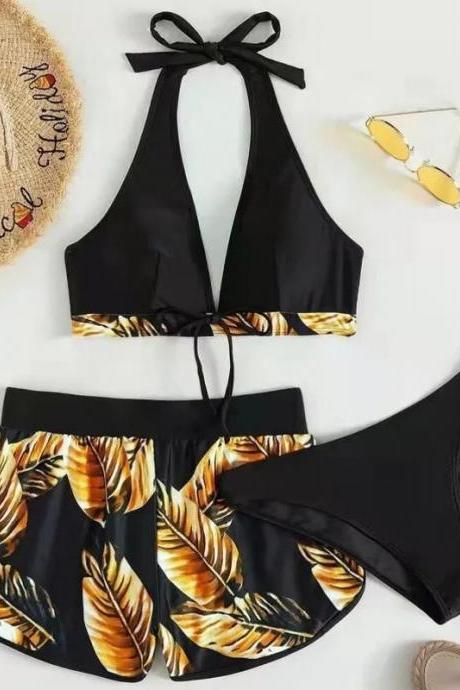Womens Halter Neck Tropical Leaf Print High-waisted Bikini Set