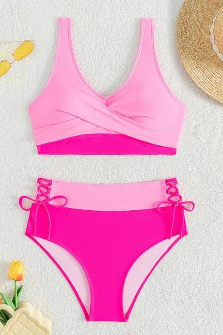 Womens Pink Two-piece Swimsuit With Side Ties