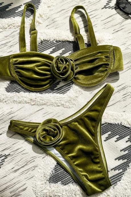 Olive Green Velvet Bikini Set With Rose Knot Detail