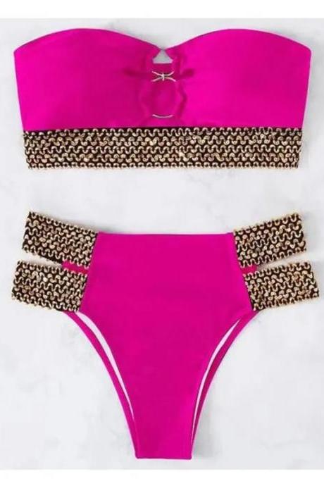 Womens Vibrant Pink High-waist Bikini Set With Accents