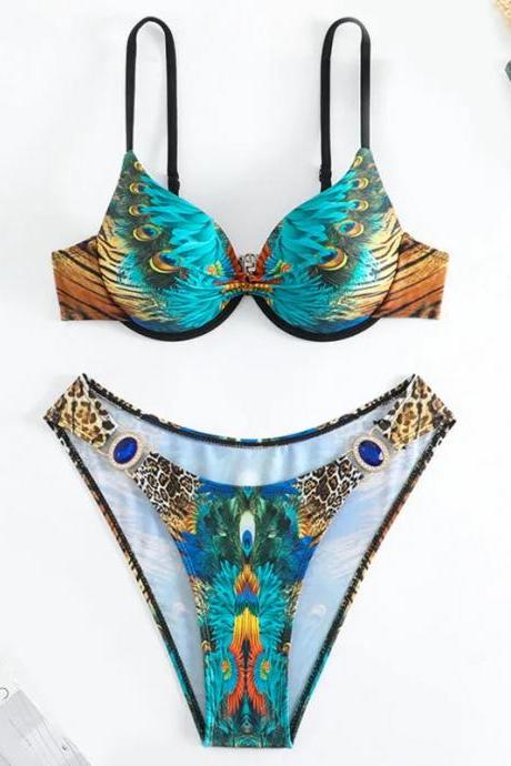 Womens Tropical Peacock Print Bikini Set Swimwear
