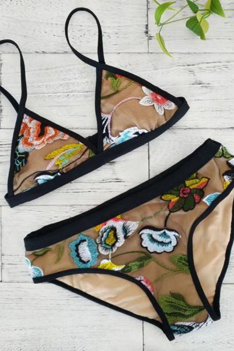 Embroidered Floral Mesh Triangle Bikini Lingerie Set