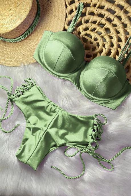 Womens Green Tie-up Bikini Set With Bralette Top