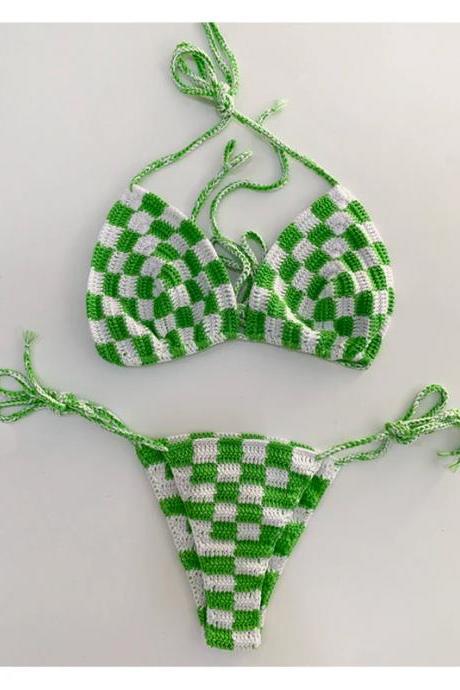Womens Crochet Gingham Bikini Set - Green And White