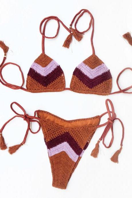Bohemian Tassel Tie Bikini Set Crochet Knit Swimwear
