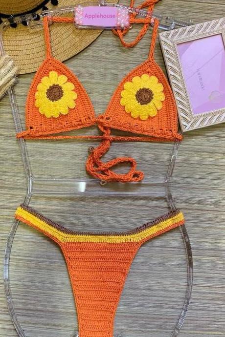 Womens Crochet Sunflower Bikini Set Summer Beachwear