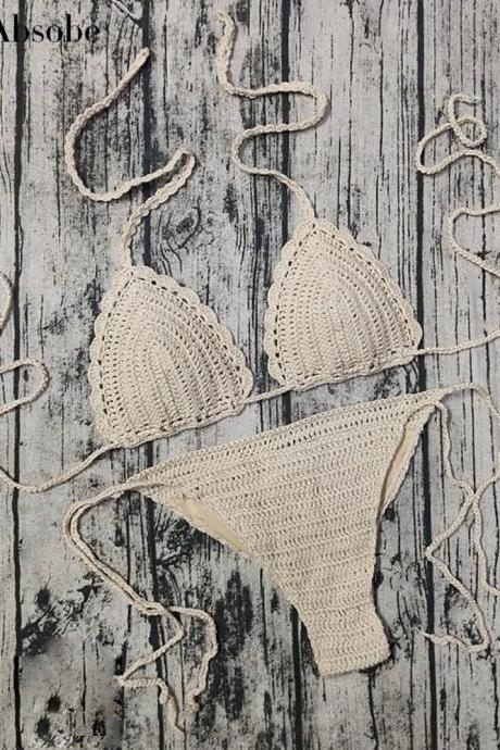 Handmade Crochet Bikini Set Womens Beige Beachwear Swimwear