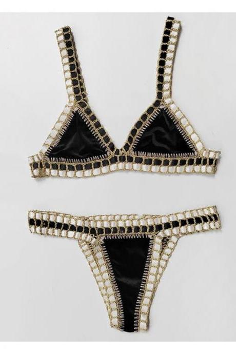 Black Velvet Bikini Set With Gold Chain Trim