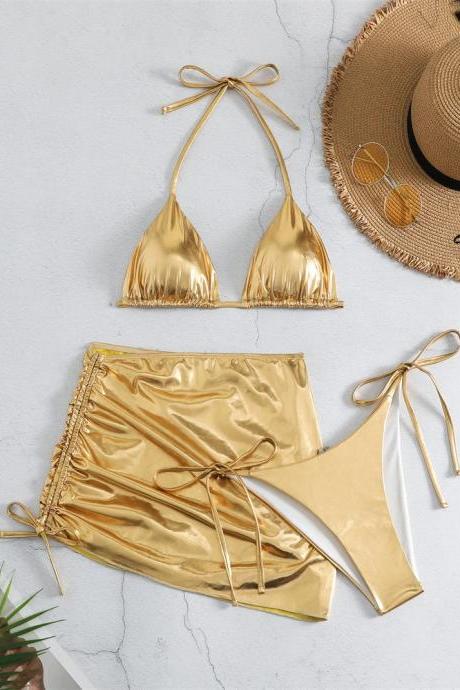 Womens Metallic Gold Bikini Set With High-waisted Bottom