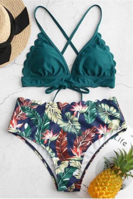 Womens Tropical Print High-waisted Bikini Set Swimwear