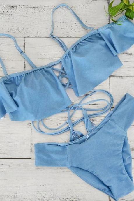 Womens Sky Blue Ruffled Bikini Set With Lace-up Details