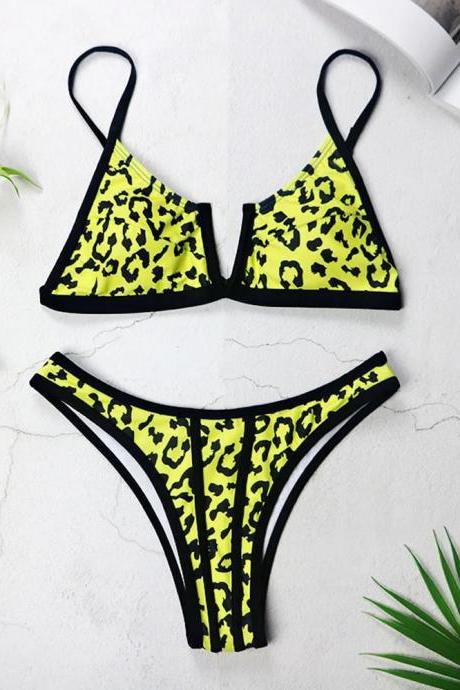 Womens Neon Yellow Animal Print Bikini Set Swimwear