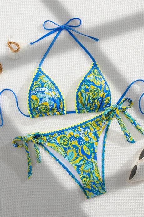 Womens Tie-up Halter Neck Bikini Set In Blue Paisley
