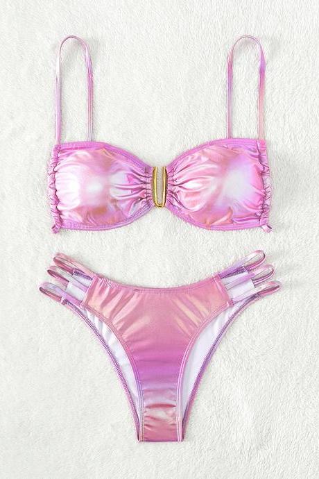 Shimmering Pink Two-piece Bikini Swimwear Set With Ring