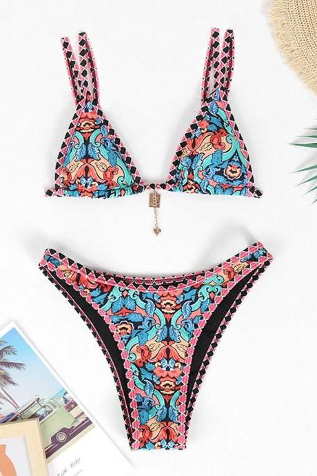 Womens Floral Print Bikini Set With Tassel Detail
