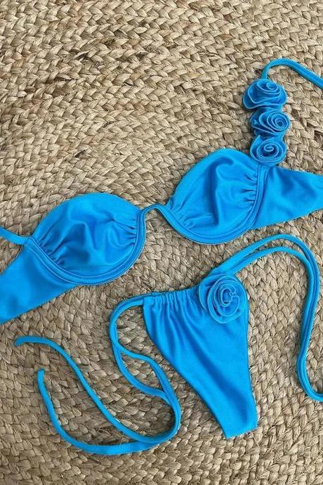 Womens Blue Rosette Bikini Set Swimwear Beachwear