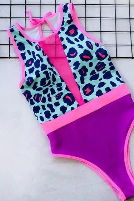 Girls Leopard Print High-neck Swimwear Two-piece Set