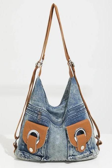 Bohemian Style Denim Hobo Bag With Leather Accents