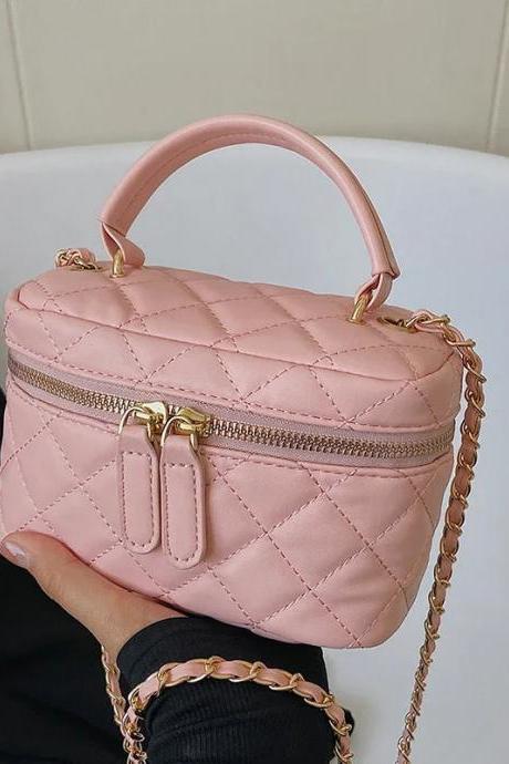 Quilted Pink Leather Mini Crossbody Bag With Chain