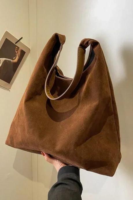 Large Suede Tote Bag With Leather Handles