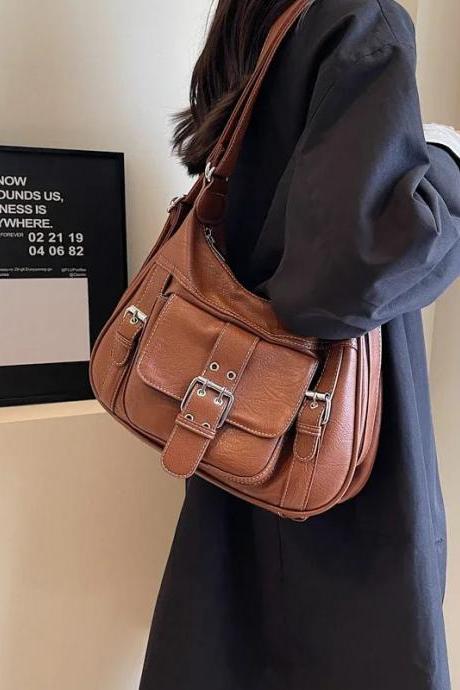 Vintage Style Buckled Leather Satchel Shoulder Bag