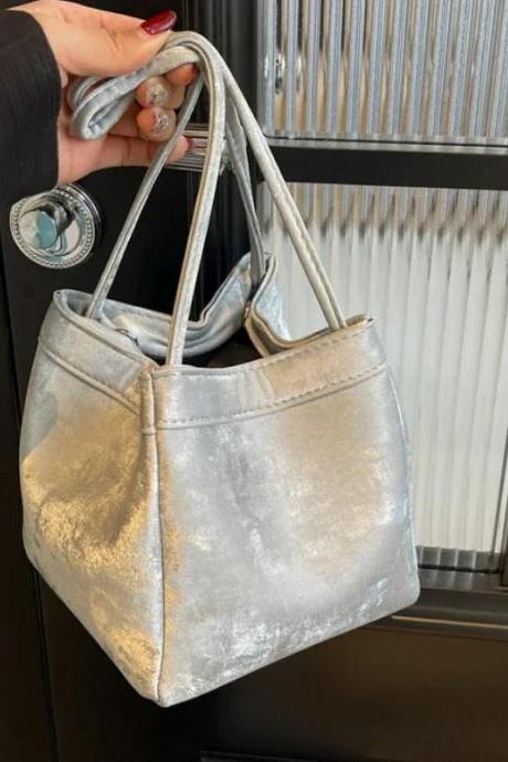 Metallic Silver Tote Bag Casual Shoulder Handbag Spacious