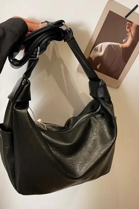 Chic Casual Black Leather Hobo Shoulder Bag Women