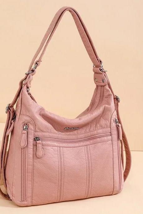 Chic Blush Pink Leather Shoulder Bag With Pockets