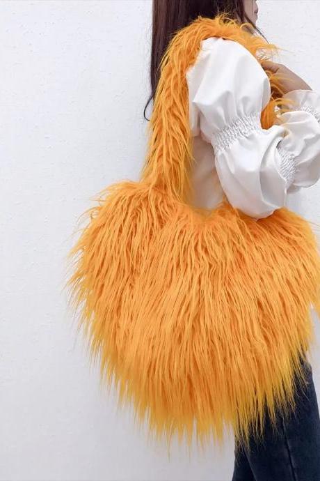 Womens Oversized Faux Fur Tote Bag, Vibrant Orange
