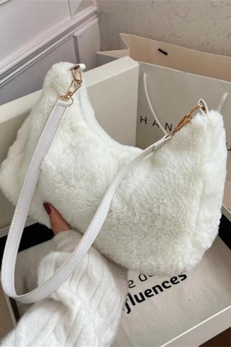 Plush White Faux Fur Shoulder Bag With Zipper