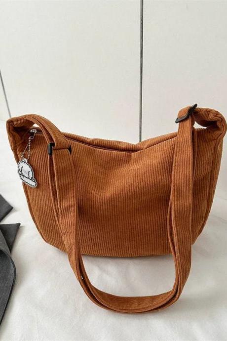 Casual Corduroy Shoulder Bag With Cute Pendant Charm