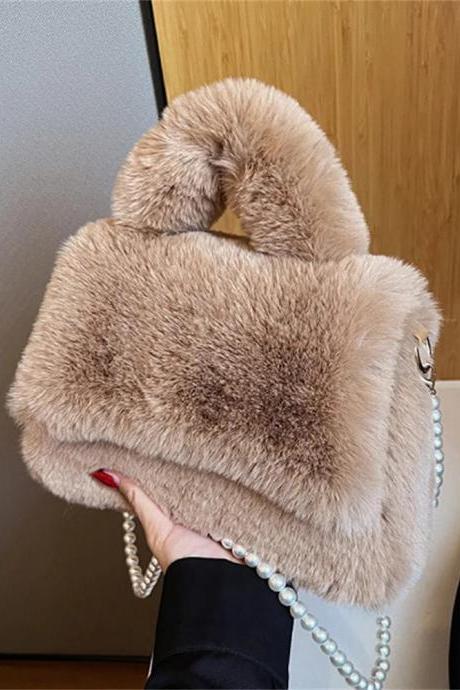 Elegant Faux Fur Handbag With Pearl Strap Accessory