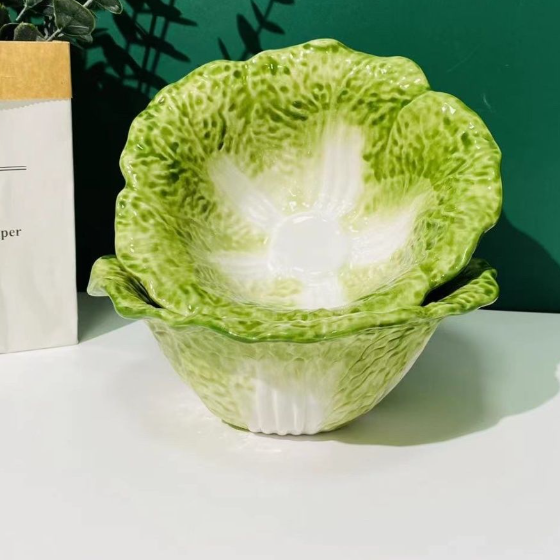 Hand-painted cabbage shape ceramic underglaze color multi-color flower shape fruit salad noodle bowl rice bowl two pieces a set