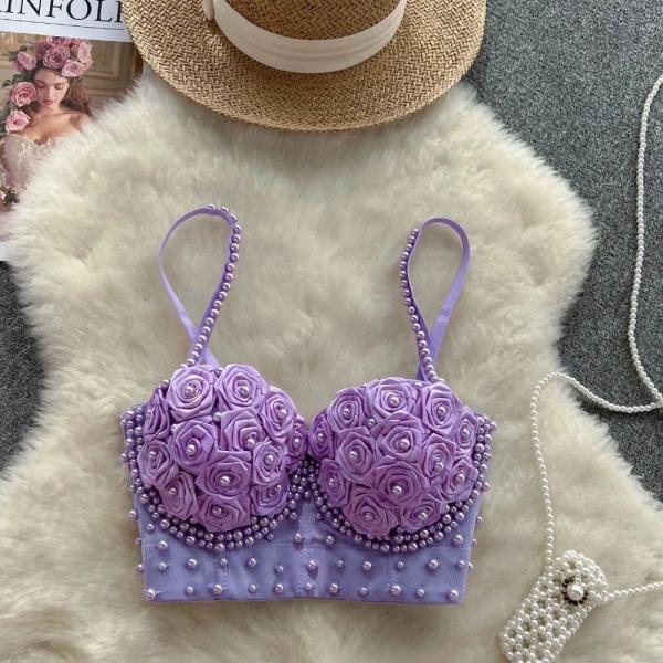 Womens Floral Embellished Bralette Top with Pearl Accents