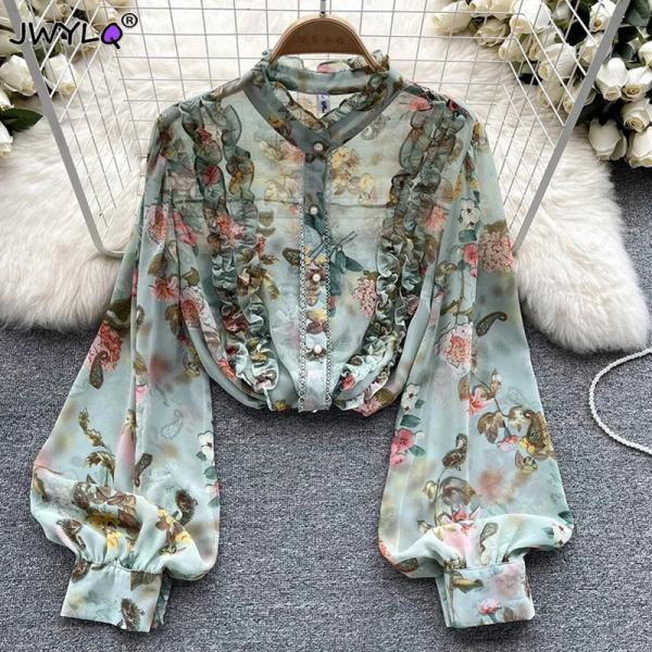 Womens Floral Print Chiffon Blouse with Ruffle Detail