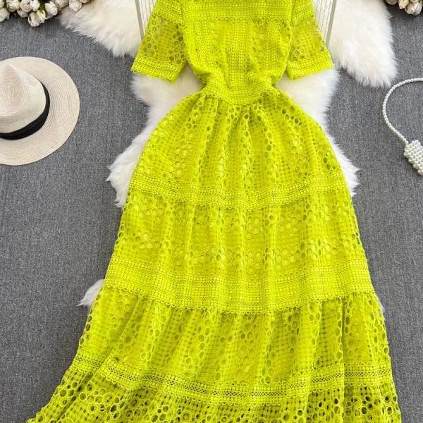 Womens Elegant Lime Green Lace Maxi Dress Summer