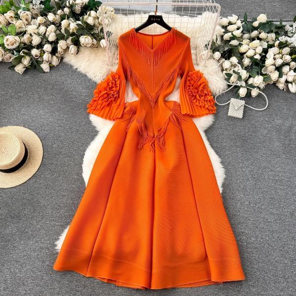 Elegant Tangerine Midi Dress with Dramatic Sleeves