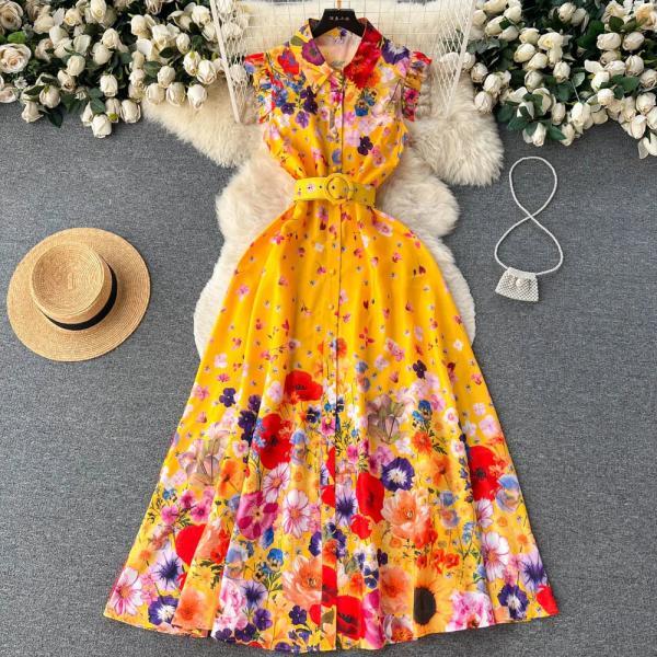 Womens Sleeveless Floral Belted Summer A-Line Dress